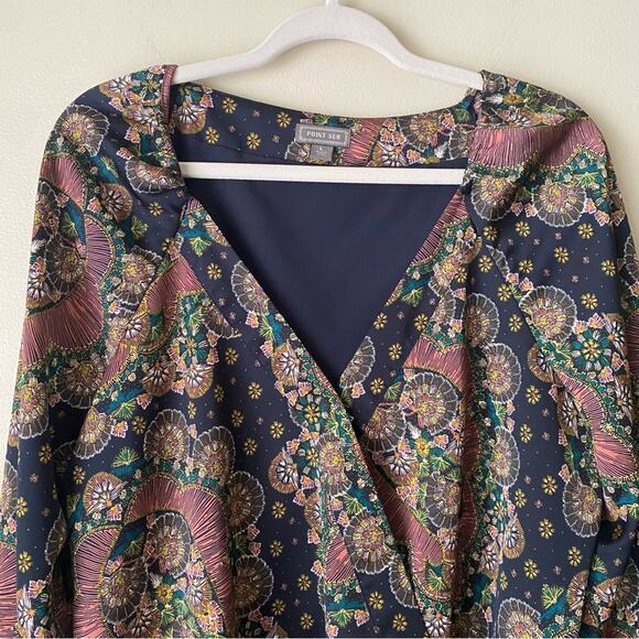Point Sur J. Crew | Satin Crepe Paisley Floral Wrap Blouse Top V-neck Navy Large - Picture 3 of 8